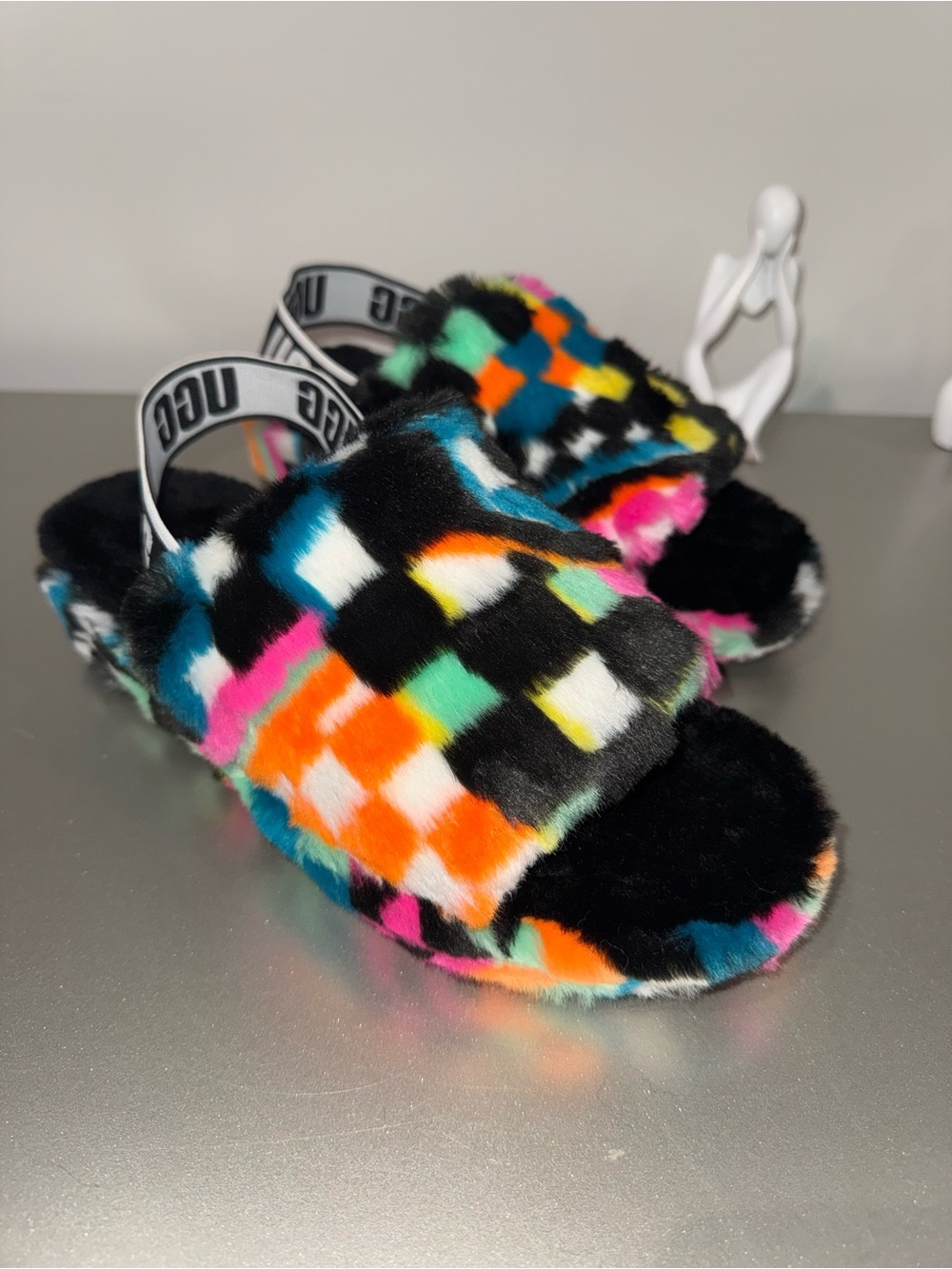 UGG Women Multicolor Plush Checker Slide Sandals